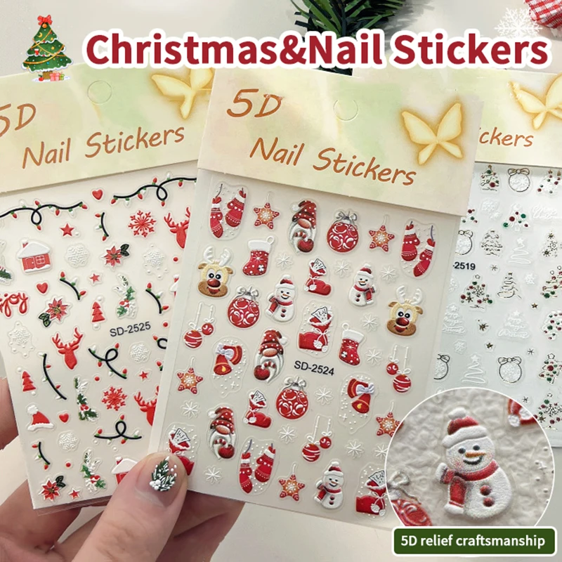 

5D Embossed Christmas Nail Stickers - Christmas Tree Snowflakes Elk Snowman Design Nail Decals for Autumn Winter Nail Art