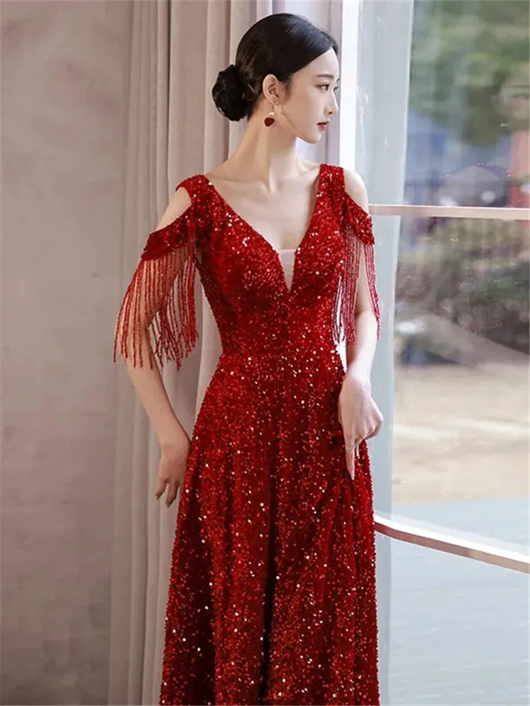 Wine Red Dress Women Spring Summer Solid Color Beaded Sequin V-neck Short Sleeve Long A-line Skirt Fashion Female Clothing M037