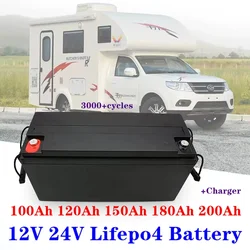 Batterie ricaricabili al litio ferro fosfato LifePO4 12V 200Ah 180Ah 150Ah 24V 120Ah 100Ah con BMS per campeggio camper