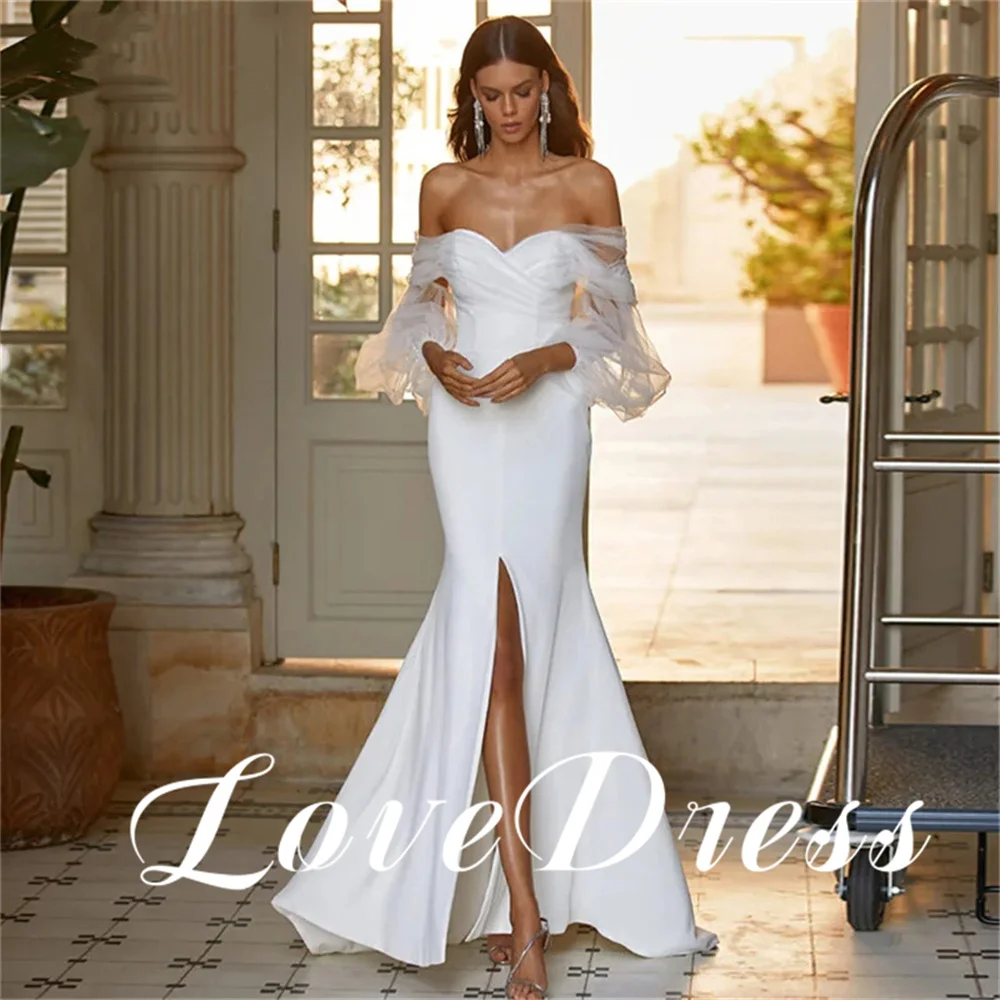 

Love Elegant Sweetheart Tulle Off Shoulder Stain Meimaid Wedding Dress Three Quarter Side Slit Backless Floor Length Bridal Gown