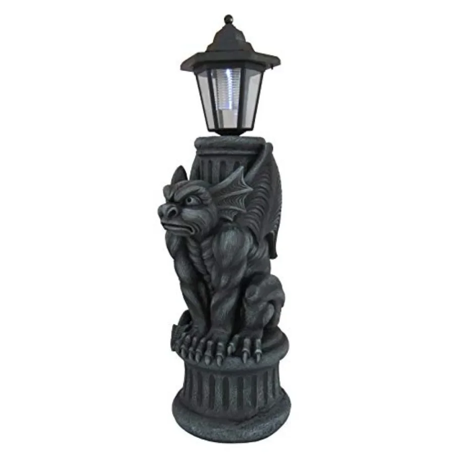 Gargoyle Solar Light 20 Inch Gothic Garden Statue with LED Lantern for outdoor decoration, cast resin, black, weather-resistant
