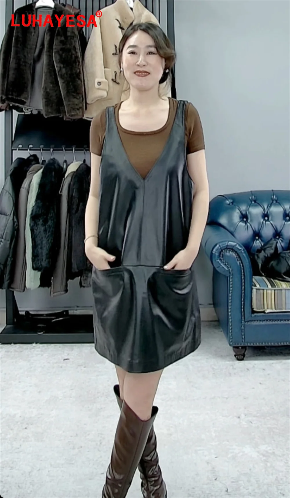 2024 A Line Genuine Sheepskin Leather Dress Luhayesa Autumn Spring Black Leather Outerwear