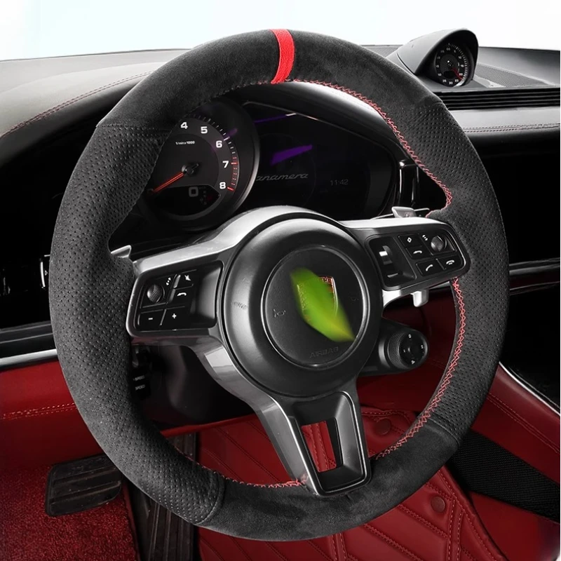 Hand Stitched Yellow Line Yellow Label Suede Car Steering Wheel Cover for Porsche Cayenne Macan Panamera 911 996 997 959