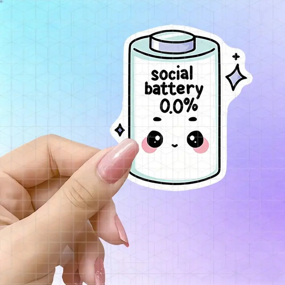 Social Battery Drained Cute Cartoon Battery Vinyl Sticker Matte Decal For Journal Water Bottle Notebook Light Blue Blush Art
