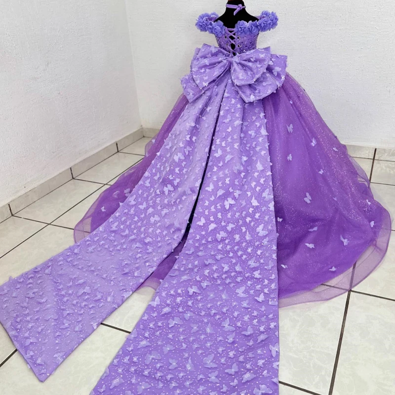 Purple Shiny V-Neck Flower Girls Dress Off Shoulder Princess Ball Gown Crystals Beads Bow First Communion Photoshoot