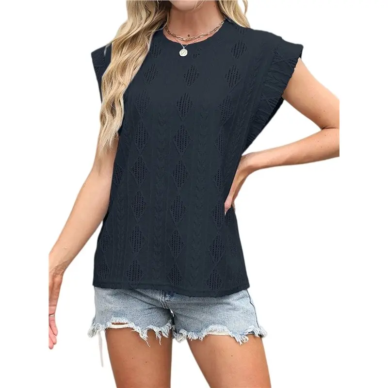 

Женские летние топы CYL: повседневные блузки с круглым вырезом и рукавами-крылышками, вязаные крючком, с фактурной вязкой, майки-топы