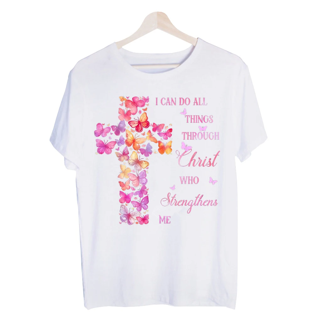 Women's Butterfly Cross Slogan Graphic Tee, Short Sleeve Crew Neck T-Shirt for Casual Daily Wear