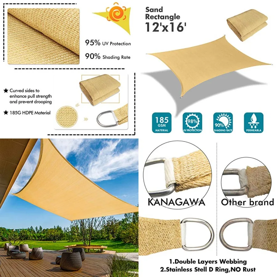 

Sun Shade Sail 12'x16' Sand Rectangle UV Block Canopy Awning Shelter Fabric Cloth Screen for Outdoor Patio Garden Backyard Acti