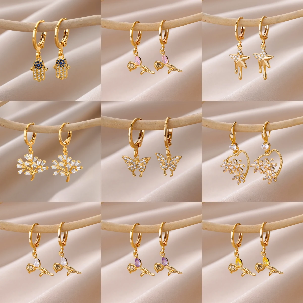 Gold Color Rose Flower Necklace Earring Set for Women Trend Stainless Steel Butterfly Zircon Earring Necklace Jewelry Sets Gift