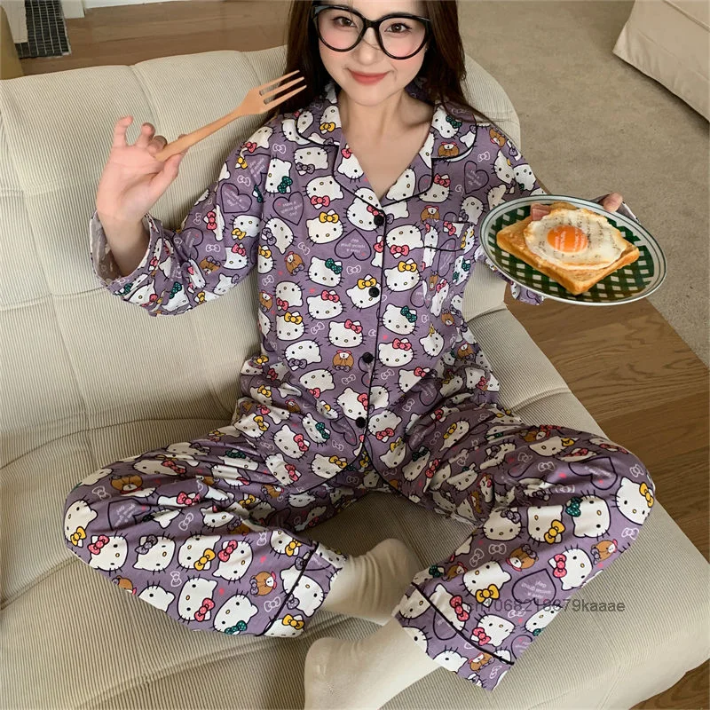 Sanrio Hello Kitty Japanese Style Long Sleeved Sleepwear Cute Cartoon Printed Home Clothes Women\'s Spring Autumn Pure Cotton Set