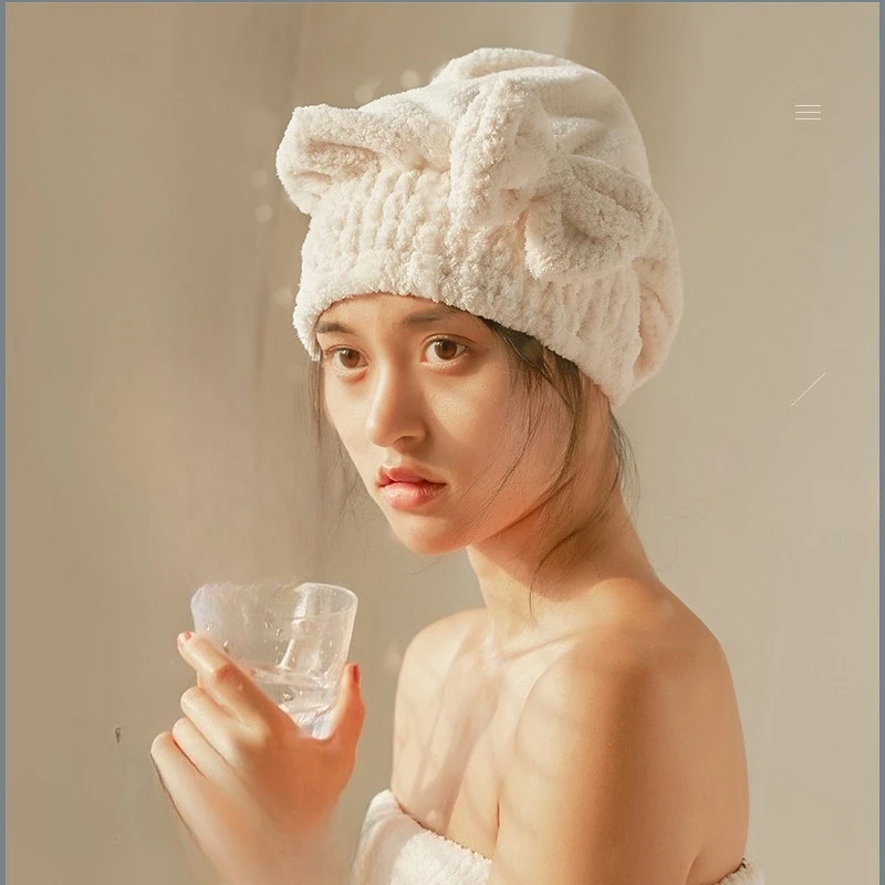Japanese-style Cute Bow Princess Bath Cap, Coral Fleece Pineapple Pattern Absorbent and Quick-Drying Hair Drying Cap