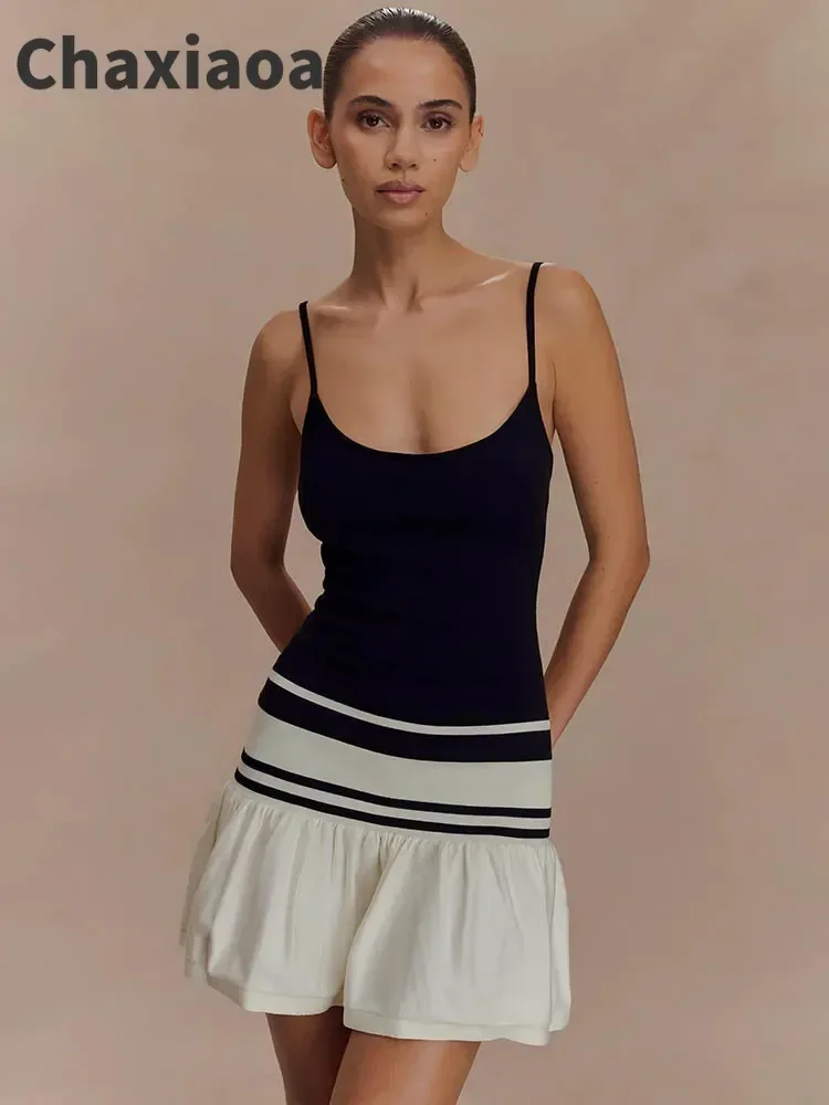 

Chaxiaoa Summer Patchwork Sexy Mini Dress Women Fashion Spaghetti Strap Sleeveless Backless Ruffle Club Party Dress Elegant