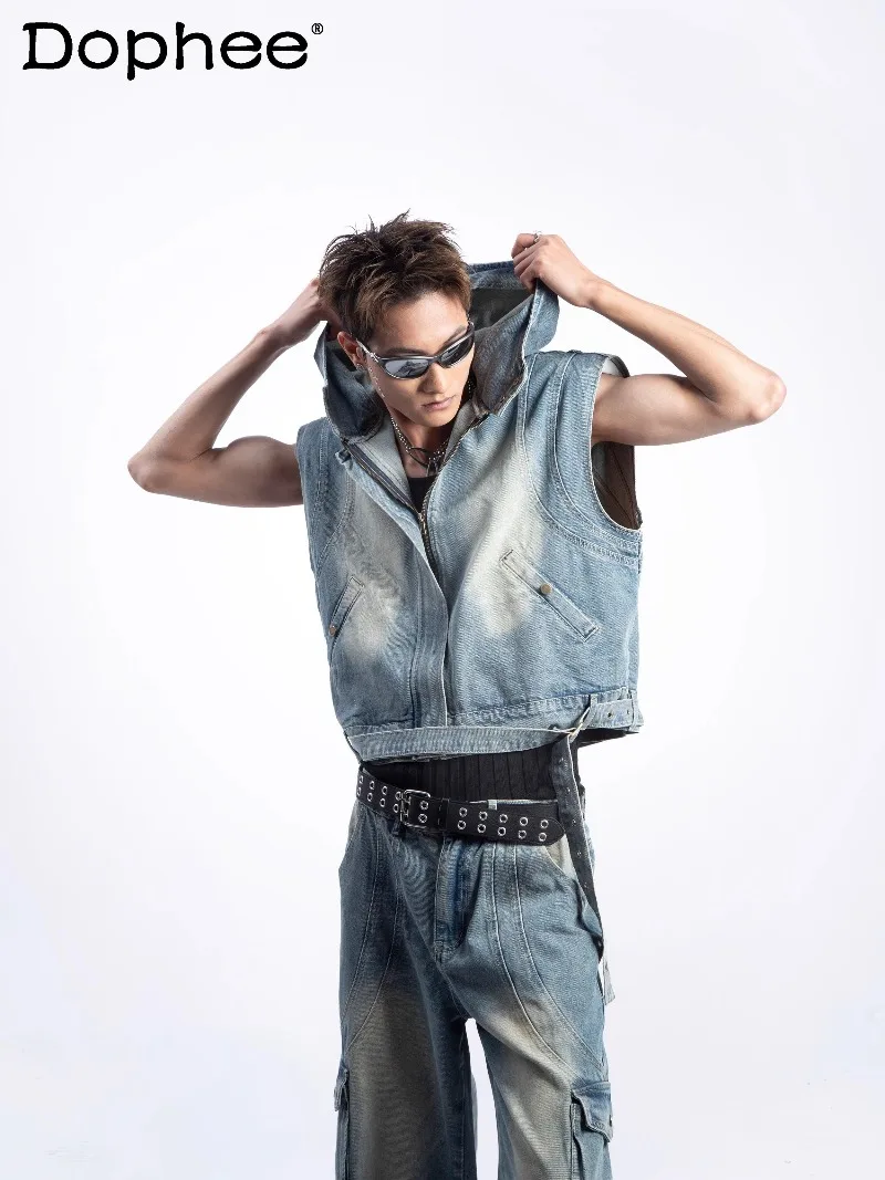 

2026 Summer New American Retro Fashion Trend Hooded Vest Handsome Youth Popular Casual Loose Men's Denim Set