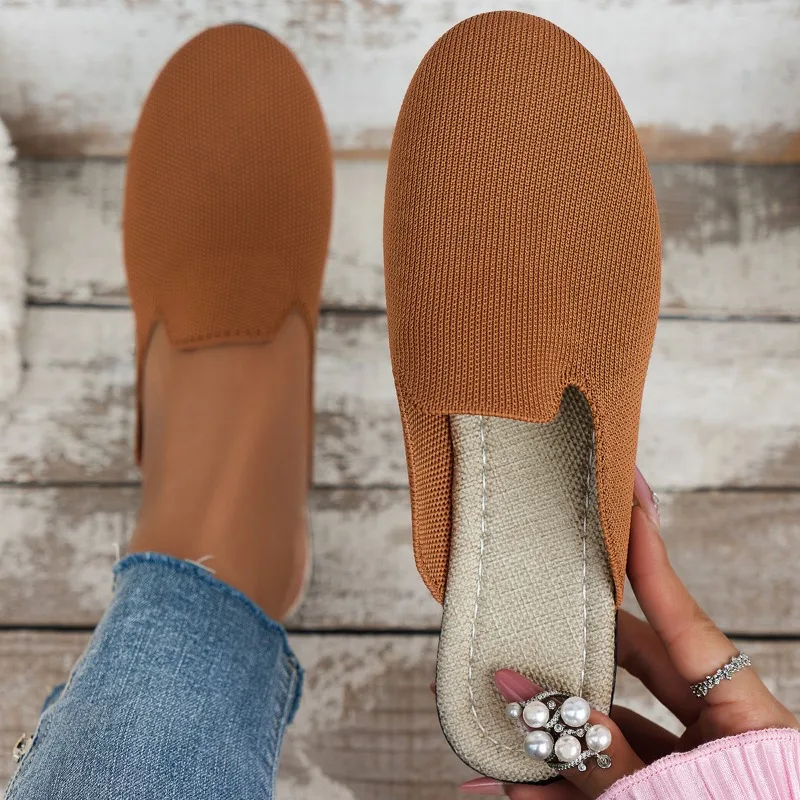 2024 Summer New Fashion Versatile Flat Bottom Knitted Slippers for Women Breathable Headband Wearing Fashion Slippers for Women