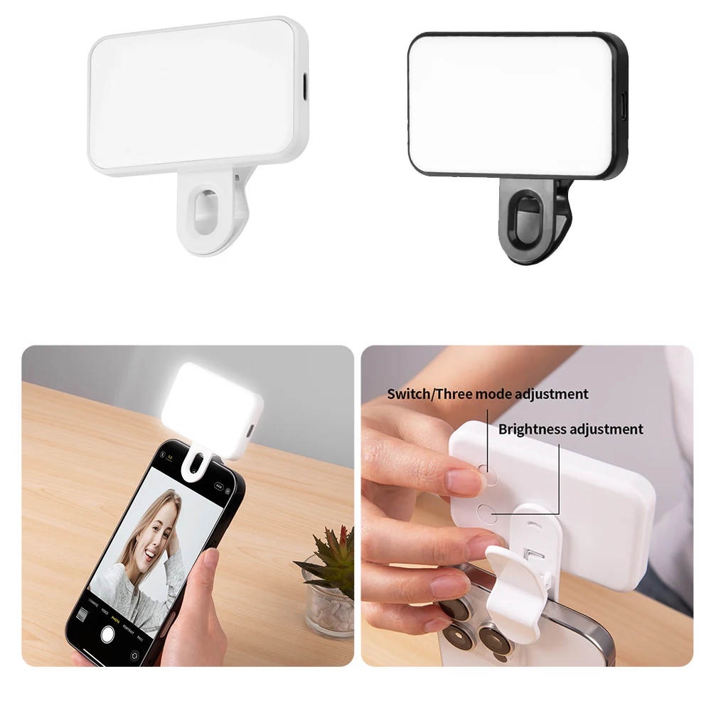 Protable LED Selfie Light Plus Adjustable Brightness Clip-On Phone Camera Rechargeable Fill Light for Mobile Phones&amp;Computers