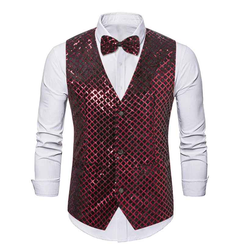 2024 New Autumn Winter Fashion Shiny Sequin Suit Vest for Men, Silver/Red/Purple  Weste Herren， Chalecos Vestir Hombre Eur Size