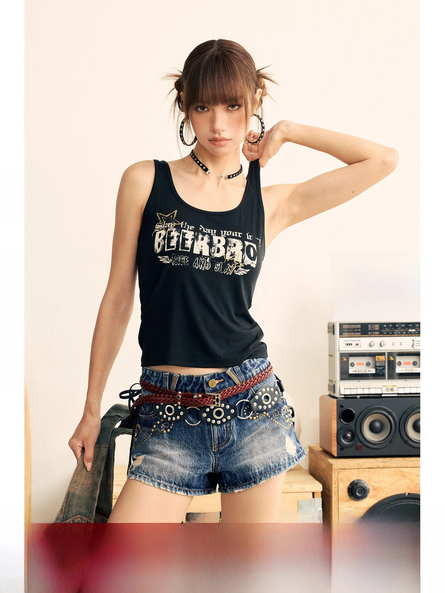 

BeerBro Black Silk Cross Back Printed Crop Top Women's Fashion Festival Party U-Neck Short Sleeve Vest Breathable Casual Wear