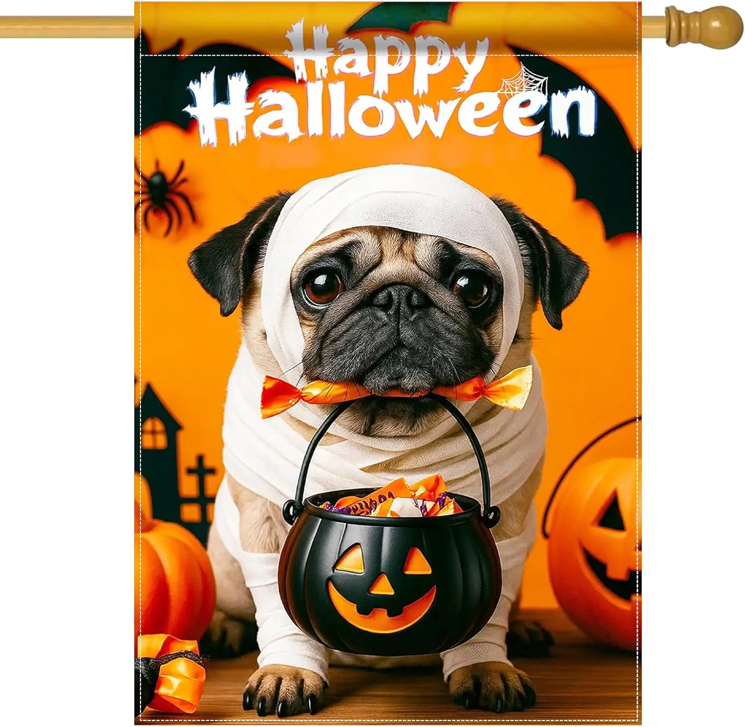 Happy Halloween Garden Flag 28 x 40 Inch Double Sided Dog Pug Yard Flag yyi
