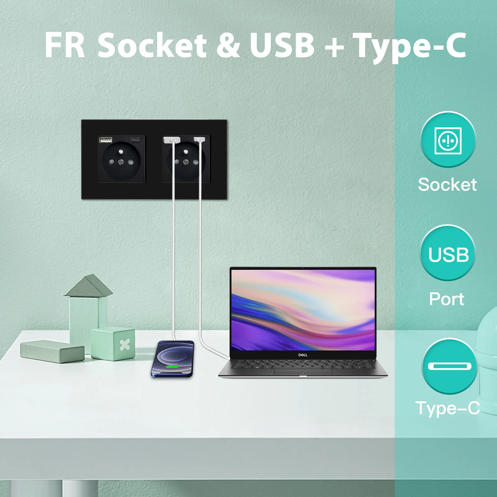 BSEED French Socket Wall Power Sockets With Type-c USB 20W AC Charging Ports USB Outlets Plug 16A Glass Panel  Black Series