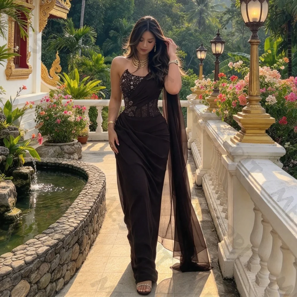 Customized One Shoulder Beaded Slimming Chiffon Evening Dress 2026 Luxury Ruffle Pendant Tail Ball Gown Suitable for Banquet