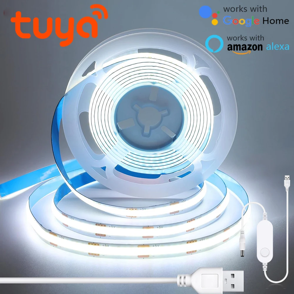 Tuya WIFI Alexa Control 5v Smart COB LED Strip USB Lights Tuya APP TV BackLight Room Decoration Led Tape Diode Flexible Ribbon