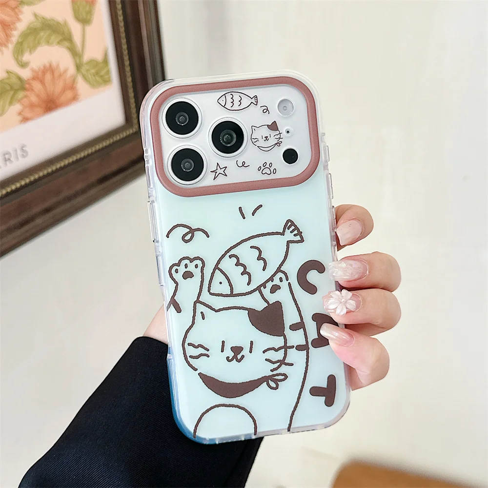 Korea Ins Fashion Hand Drawn Line Cat Fish Phone Case For iPhone 18 17 16 15 Pro Max Cute Cartoon Shockproof Aesthetic Cover