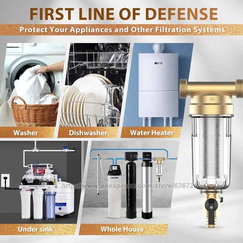 WSP50 فلتر مياه الرواسب قابل لإعادة الاستخدام للمنزل بالكامل، فلتر مسبق قابل للتنظيف 50 ميكرون، نحاس خالي من الرصاص
