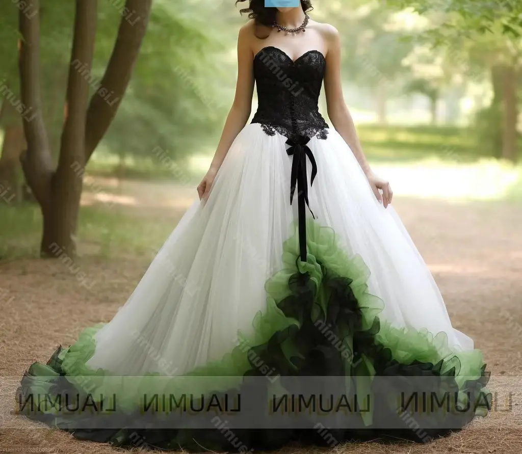 

White Tulle Black Green Strapless With Sash Prom Formal Occasion Wedding Dresses Evening Lace-Up Back Customized Made A8.2.48