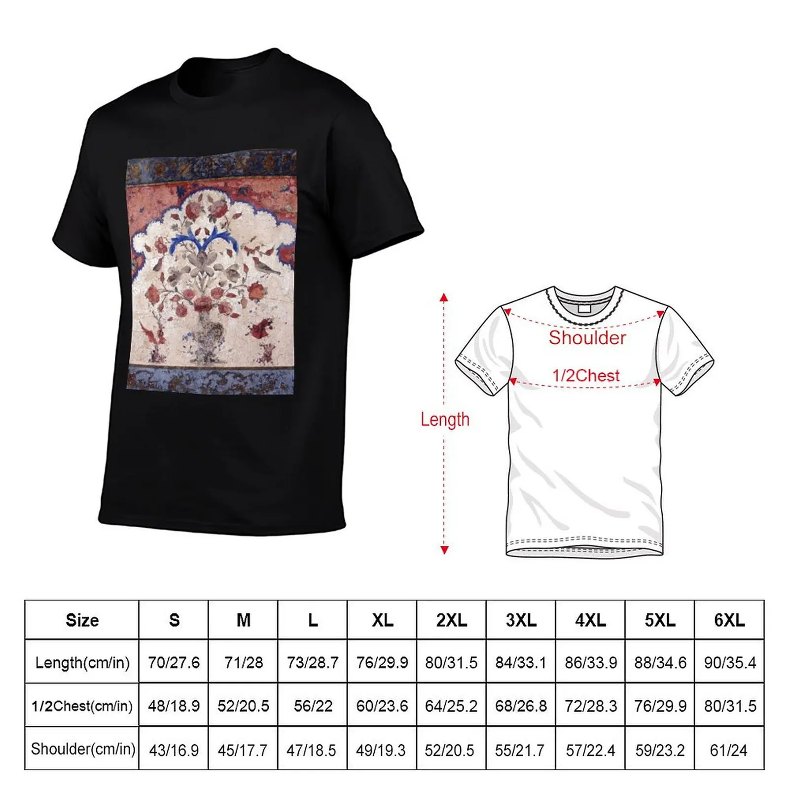 Persian Miniature Floral Fresco Red Roses and Birds T-Shirt Big Size Daily Wear T-Shirt