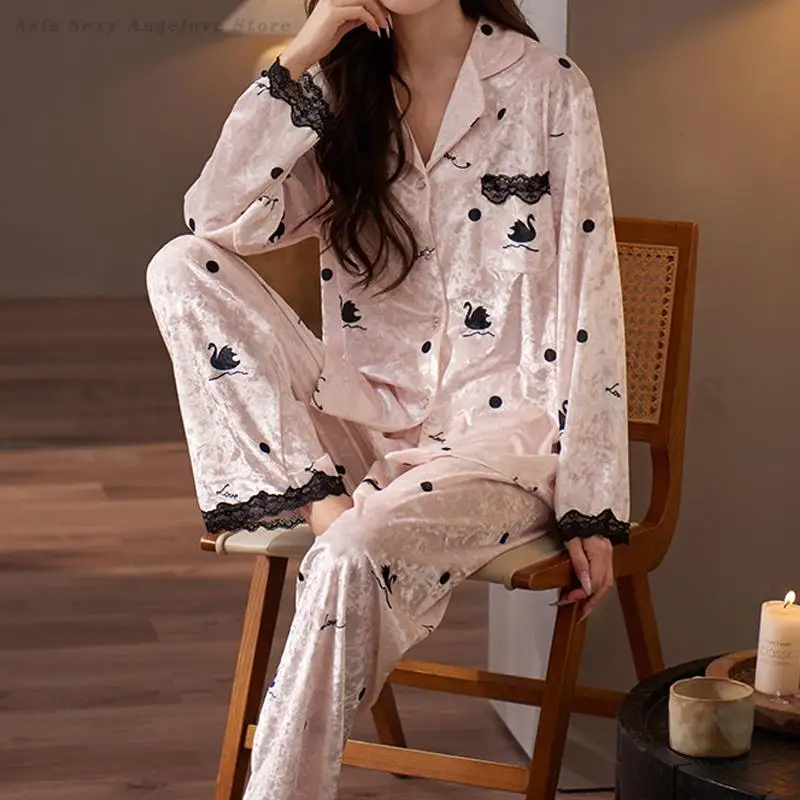 

Sexy Lace Pajamas Set Women's Sweet Home Wear Autumn Winter Velvet Printed Sleepwear Long Sleeve Trouser Pyjamas Suit Loungewear