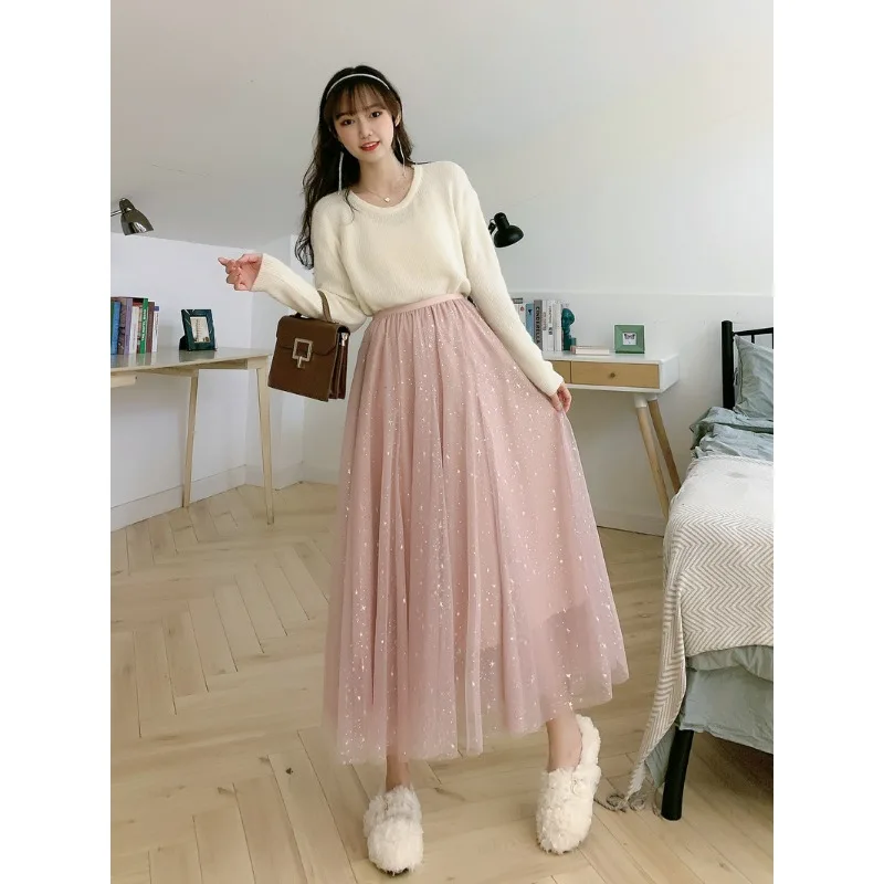 Women Starry Sky Mesh Tutu Skirts Sequin Glitter Layered Tulle A-Line Chic Elegant Puffy Mid Length SkirtStreetwear