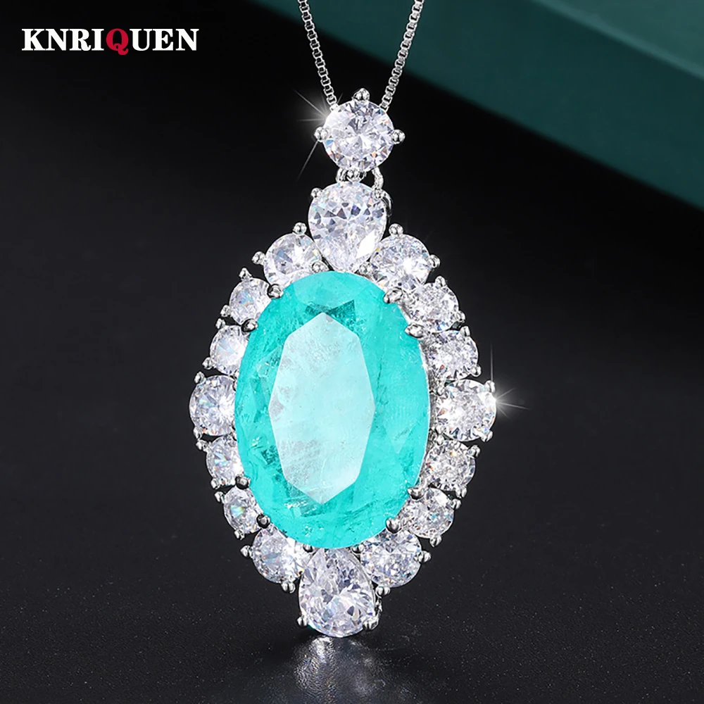 

Luxury 18*25mm Emerald Paraiba Tourmaline Pendant Necklace for Women Lab Diamond Cocktail Party Fine Jewelry Accessories Gifts