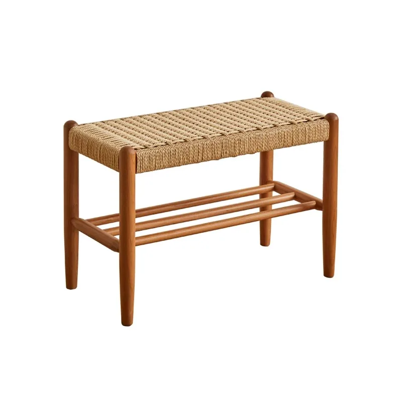 Bangku Sepatu Kayu Solid Nordic Bangku Ujung Tempat Tidur Anyaman Tali Jepang Kursi Penyimpanan Panjang Pintu Masuk Ottoman Buatan Tangan Minimalis