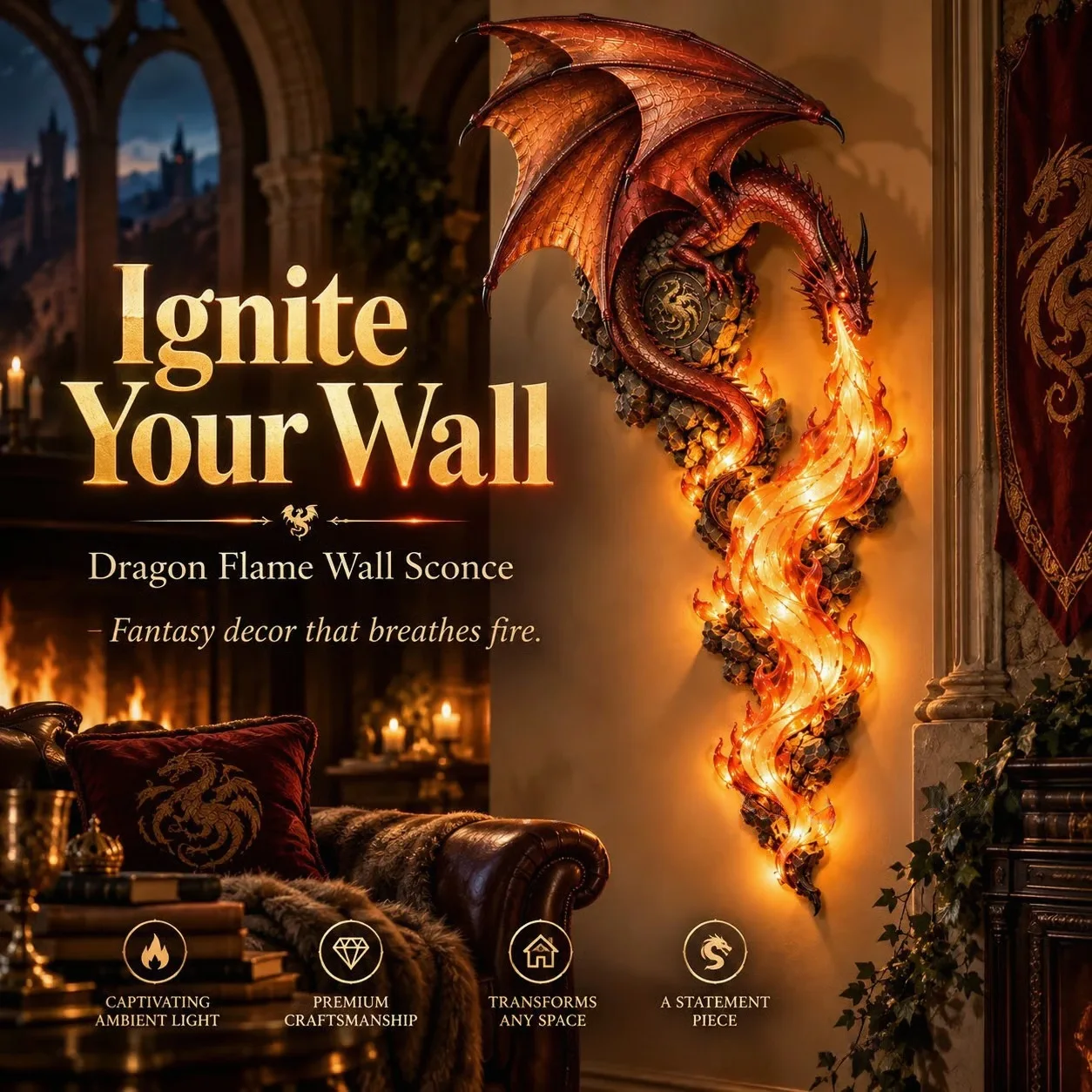 Fantasy Dragon Wall Sconce LED Light Fire Breathing Dragon Wall Art Decor Resin 3D Dragon Wall Lamp Gothic Home Wall Sculpture f