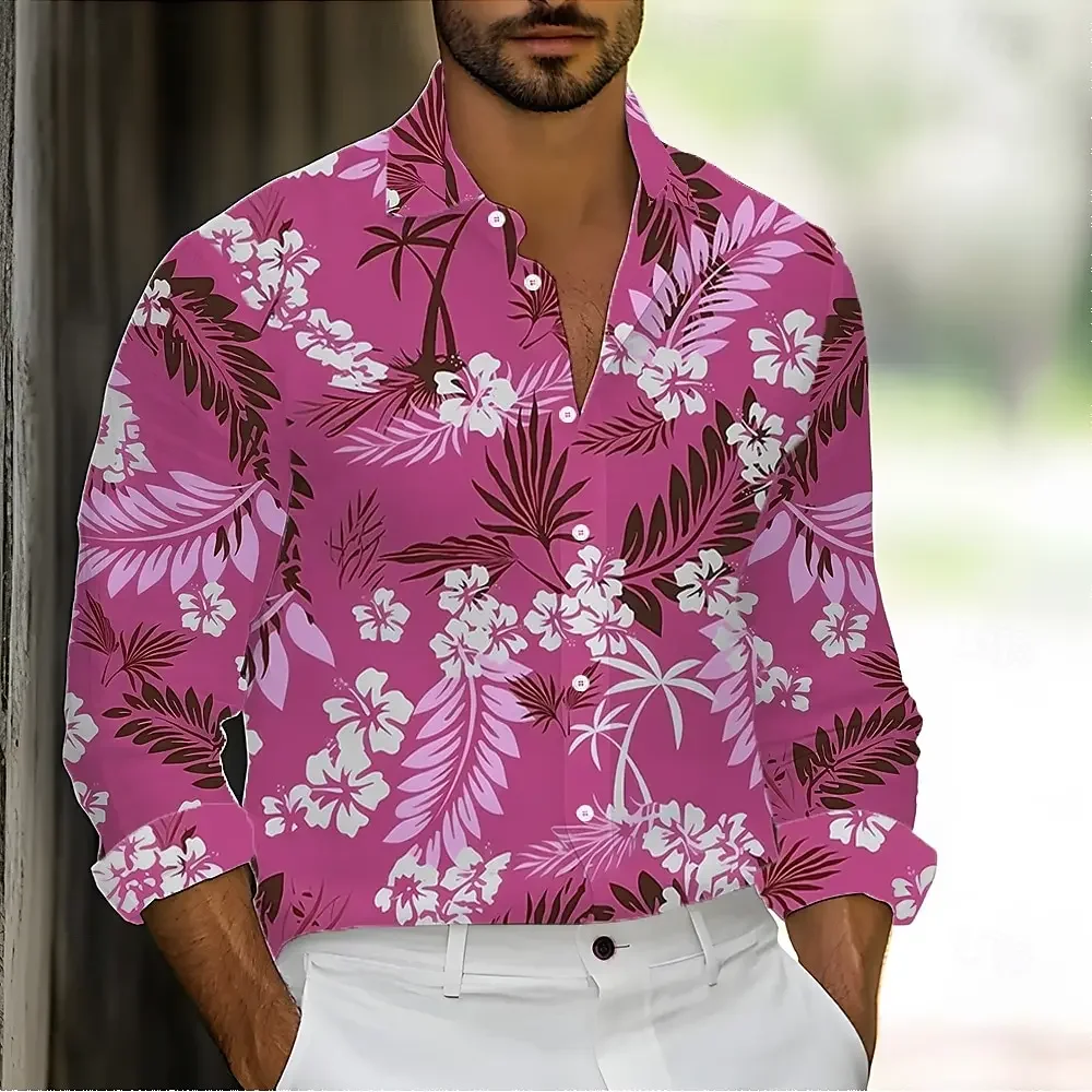 

New Men's Tropical Flowers Palm Leaf Shirt Summer Shirt Button Up Shirt Long Sleeve Streetwear Turndown 3D Print Collared Shirts