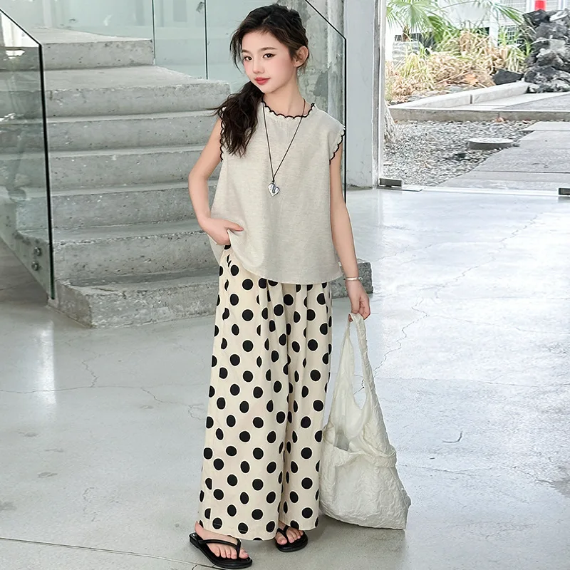 

2PCS Children Clothing Sets for Girls Summer Teen Kids Sleeveless Suit 5-14 Year Girls Vest + Loose Polka Dot Pants Tracksuit