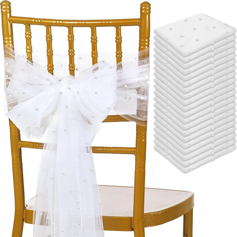 

12 Pieces White Pearls Chair Sashes Fabric Pearl Chair Bows Ties for Weddings Bridal Baby Shower Birthday Party Seat Decorations