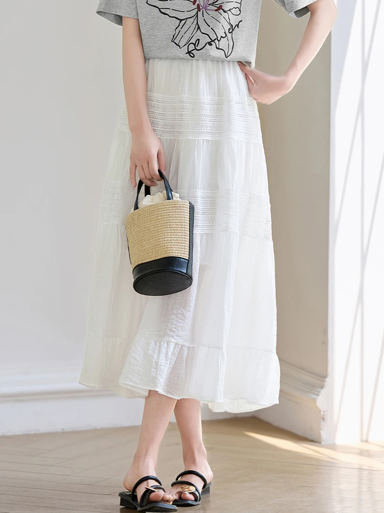 

SENTUBILA Women's Summer White Long Skirt 2025 New Collection Woman High Waist Lace Layered A Line Pleated Maxi Skirts W52QA1910