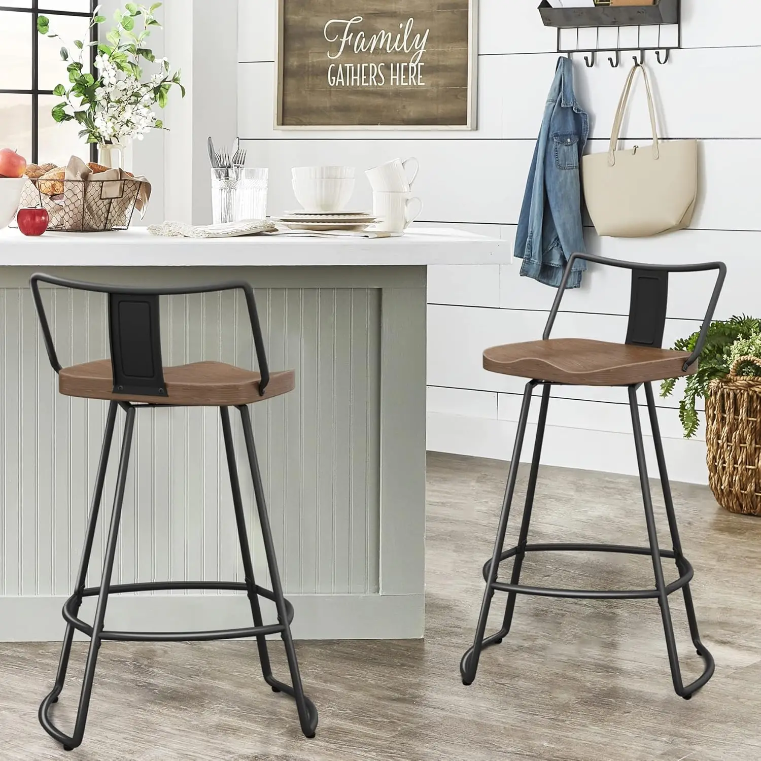 26" Swivel Bar Stools with Backs Set of 2 Metal Counter Height Stools with Wooden Seat Industrial Bar Chairs