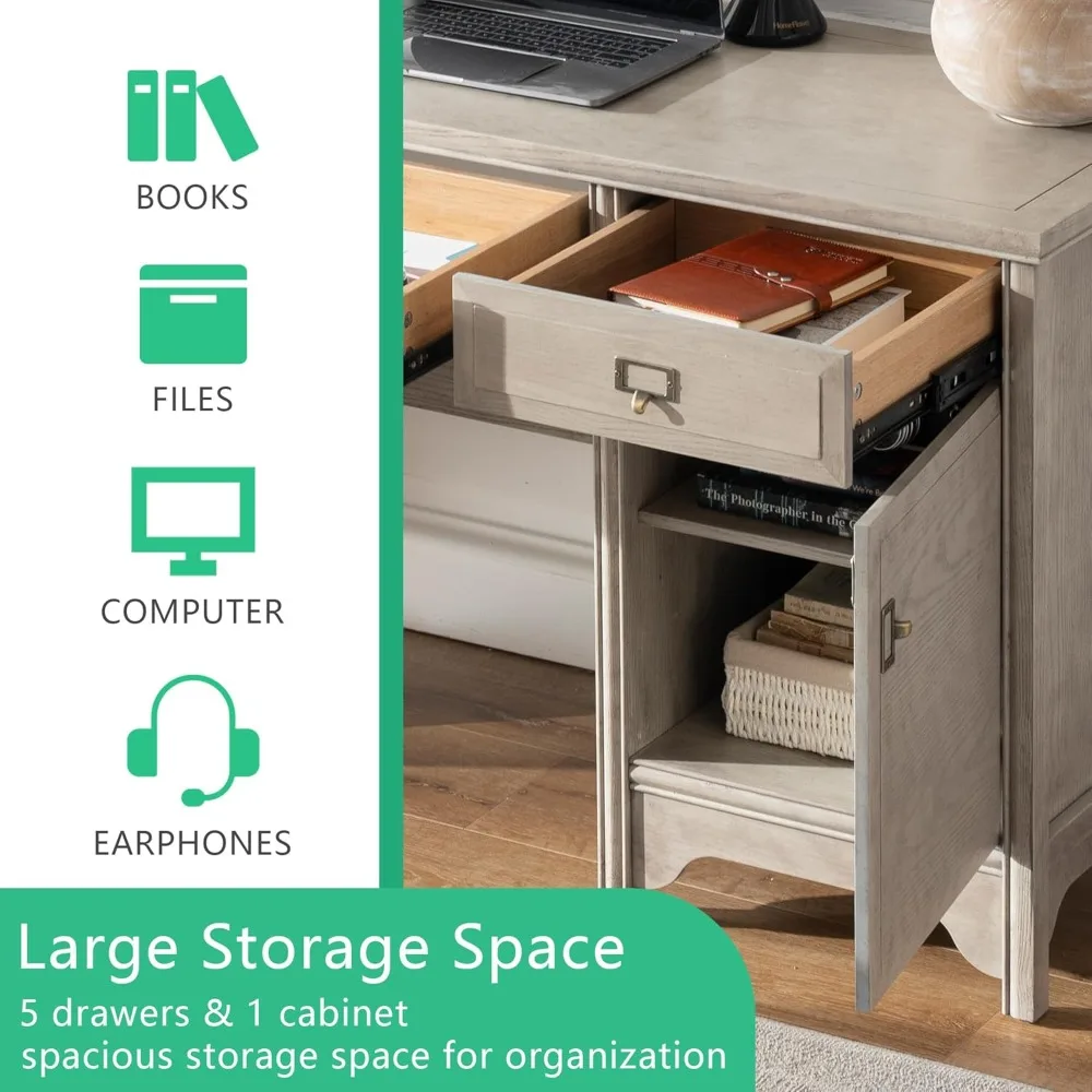 مكتب تنفيذي من الخشب الصلب مقاس 55 بوصة، مكتب كمبيوتر مكتبي للمزرعة مع 5 أدراج وخزانة تخزين، طاولة كتابة خشبية للمنزل