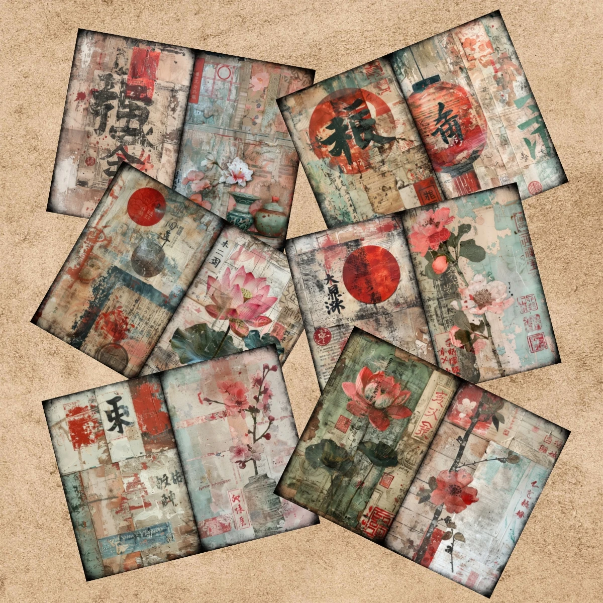 10 Sheets A5 Size Retro Distressed Japanese Geisha Buddha Statue Background Vintage Grunge Journal Planning Scrapbooking