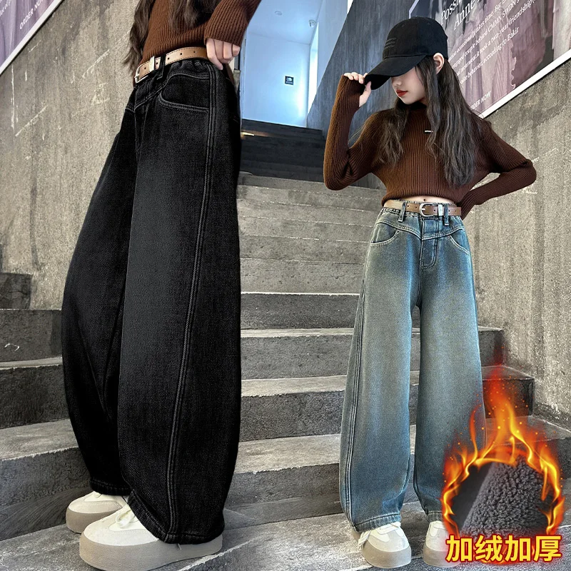 

Kids Winter Thickened Warm Trousers Teenage Girls Jeans With Belt Children's Fleece-lined Jeans Girls Plush Velvet Denim Pants