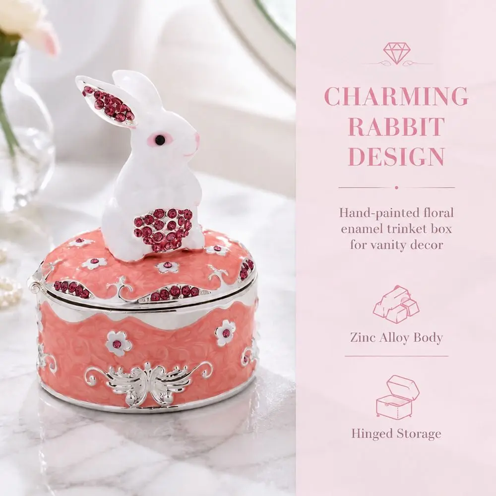 Zinc Alloy Floral Trinket Box Hinged Lid Enamel Jewelry Organizer Floral Pattern Compact Size Decorative Trinket Box