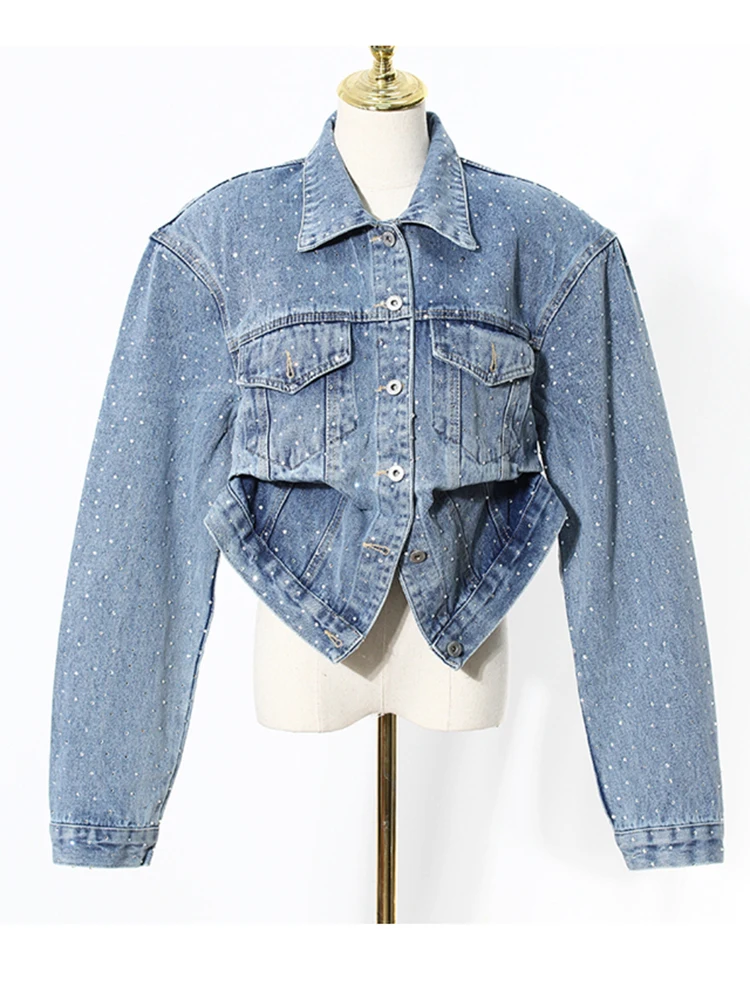 [EAM]blue Rhinestones Shining Pleated Irregular Denim Jacket New Lapel Long Sleeve Women Coat Fashion Spring Autumn 2025 7AB3860