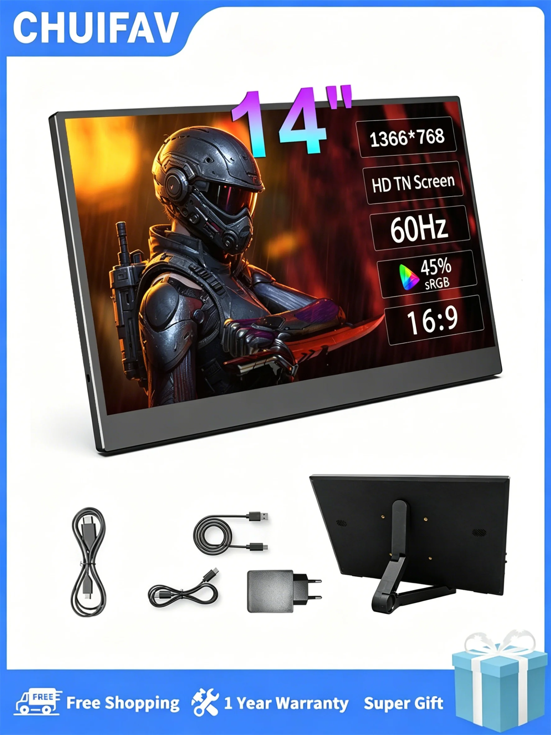 CHUIFAV 14-inch Portable Monitor - Gaming Accessory for Notebook Laptop PC Nintendo Switch PS4 Xbox Series S Steam Deck