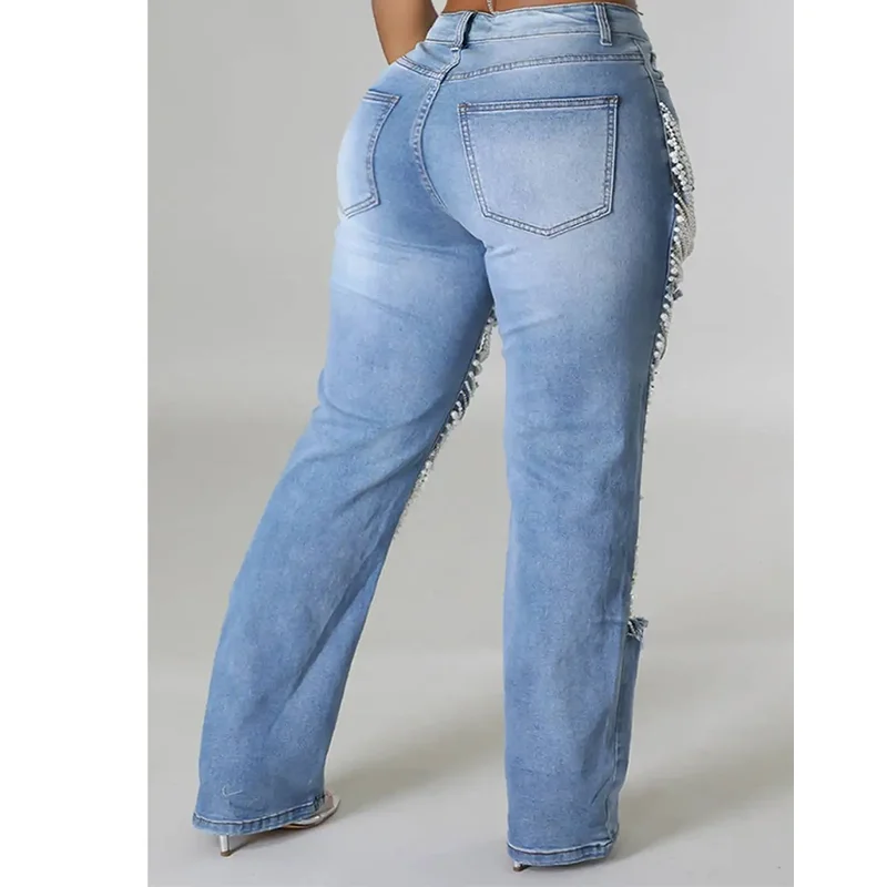 Plus Size damskie z dziurami perły jeansy z wycięciami z wysokim stanem główna ulica z kieszeniami spodnie dżinsowe w stylu Vintage spodnie jeansowe