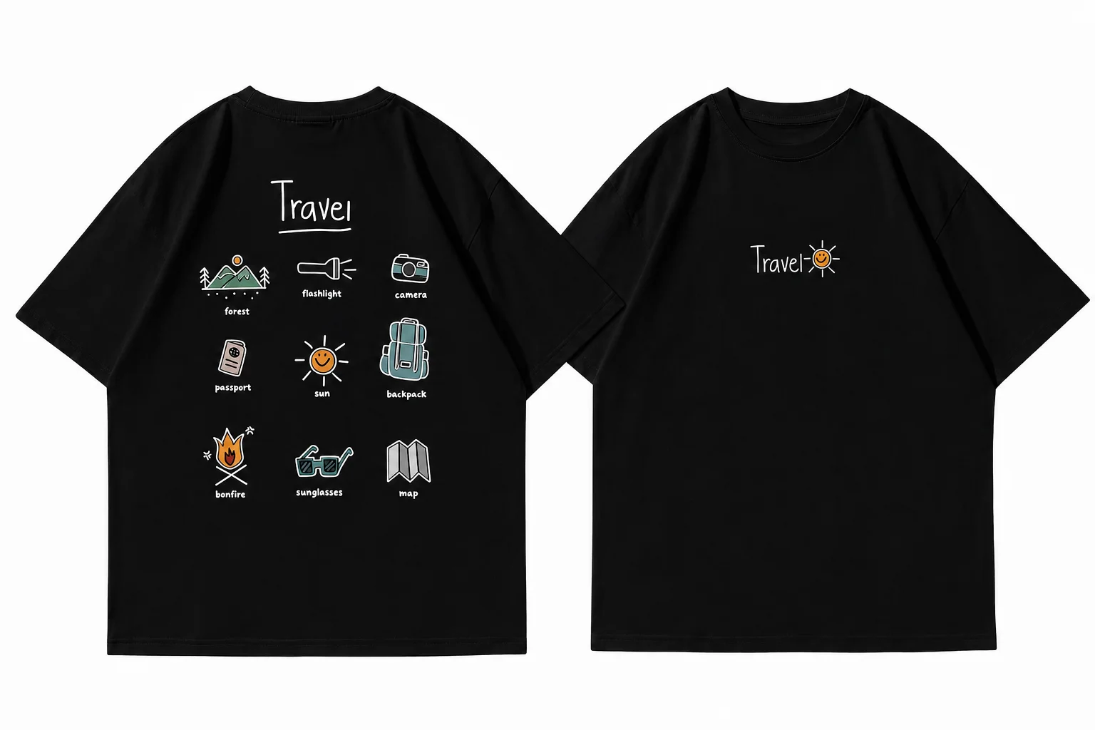 2026 Travel Adventure Icon T-Shirt Unisex Cotton Short Sleeve Tee Front Back Camping Hiking Doodle Graphic Men Women Outdoor