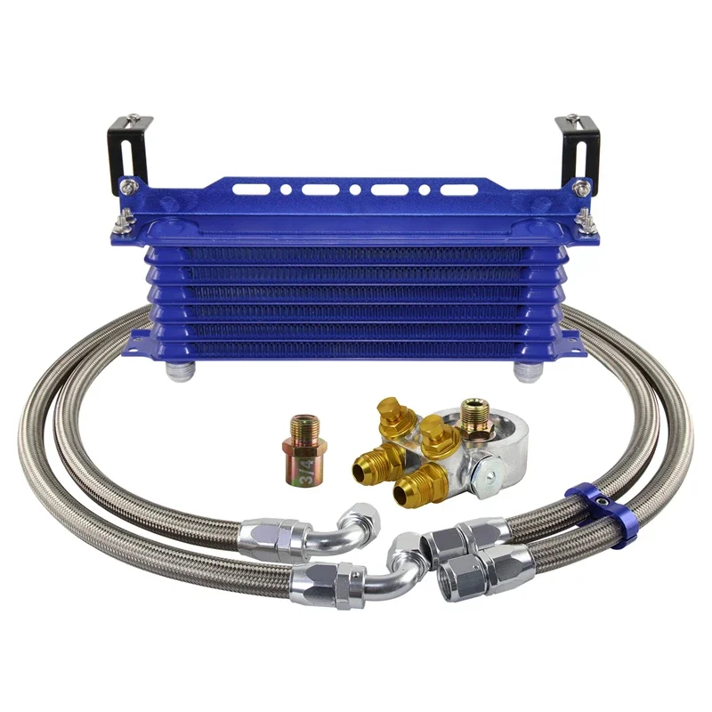 7 Row Engine Racing Trust Oil Cooler w/ Thermostat Oil Filter Adapter Kit  Black/Blue