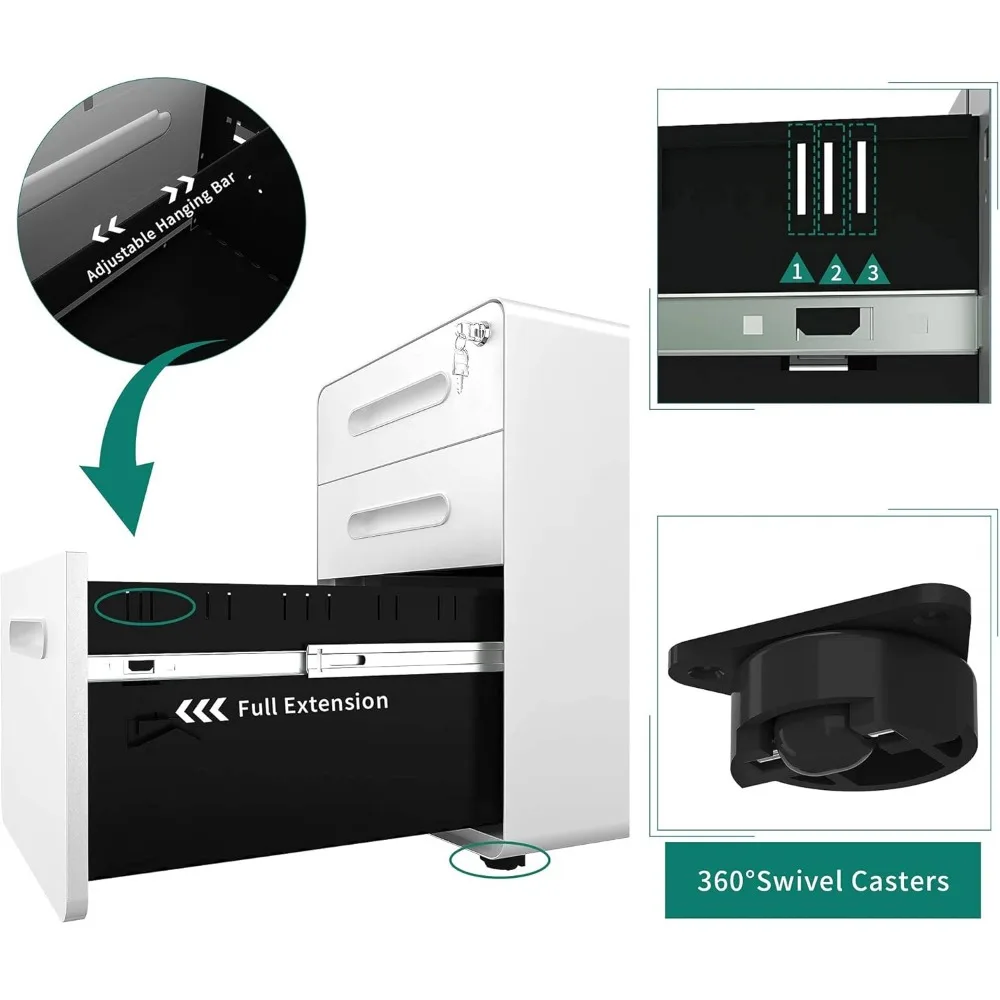 Archivador rodante de 3 cajones, archivador móvil de metal con cerradura, archivador debajo del escritorio se adapta al tamaño Legal/A4 completamente ensamblado