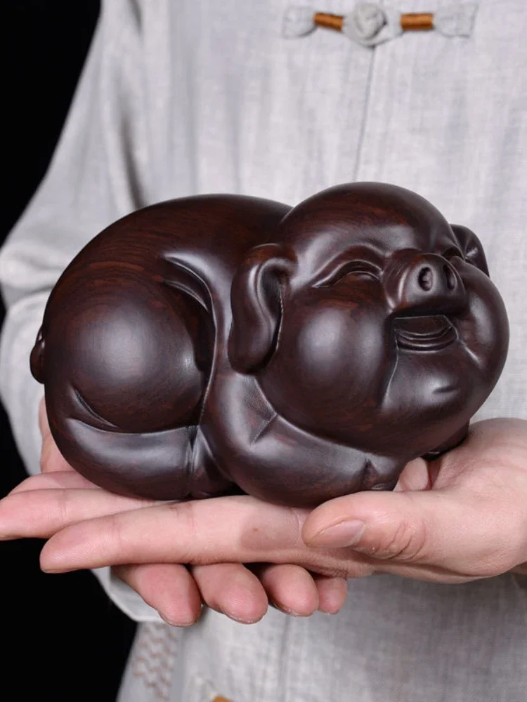 High Quality Lucky Cute Pig Solid Wood Carving Office Decoration Ebony Mahogany Artifact Artware Propitious Gift Mainland China view 4